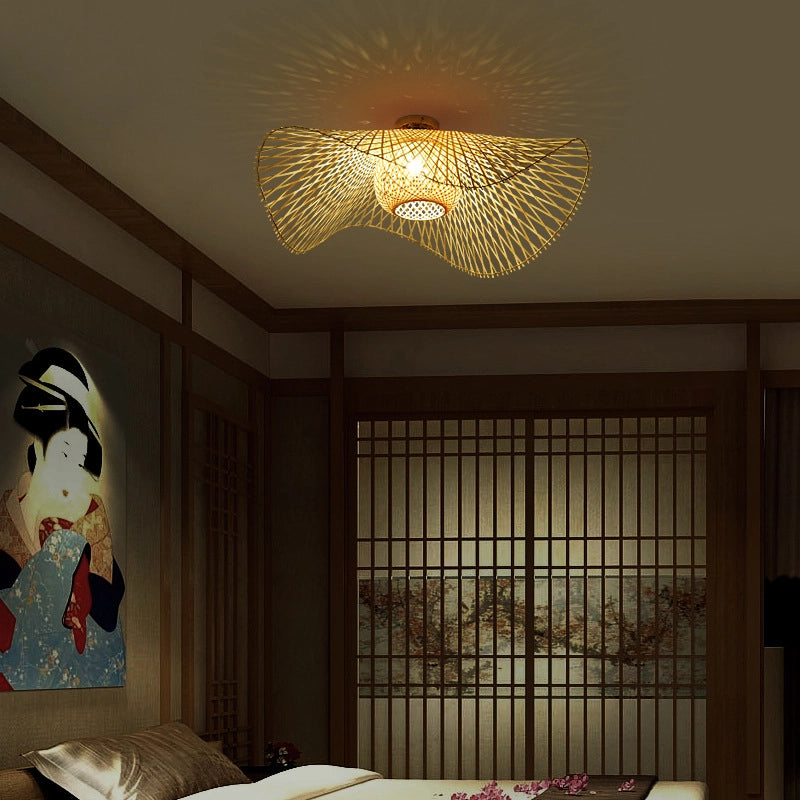 Bamboo Wave Ceiling Lamp: Woven bamboo light, curved design, casts warm patterns in Japanese-style bedroom.