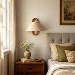 Beech Solid Wood Wall Lamp with Fabric Shade in Bedroom