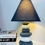 Eco-friendly ceramic table lamp with a rugged stone texture and earth-toned illumination.