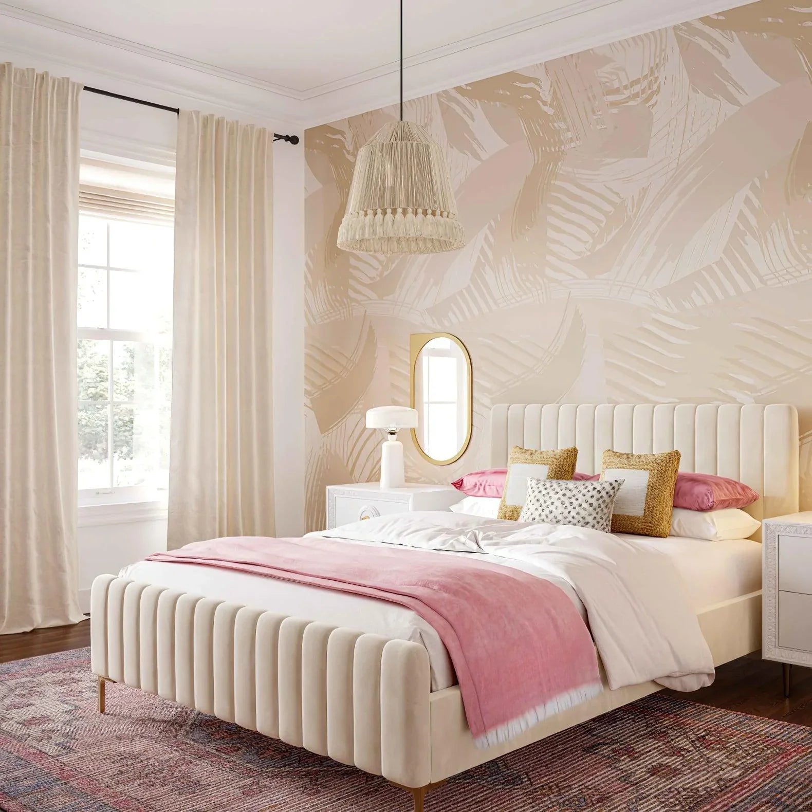 White chandelier hangs in the cozy bedroom