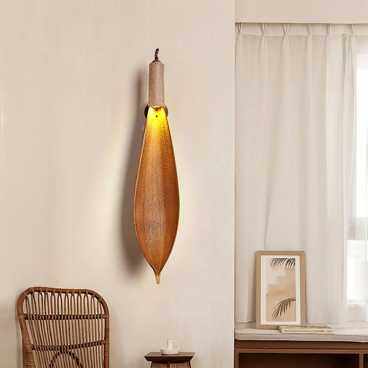 Handwoven hemp rope Cocoa Leaf Wall Lamp illuminating modern living room