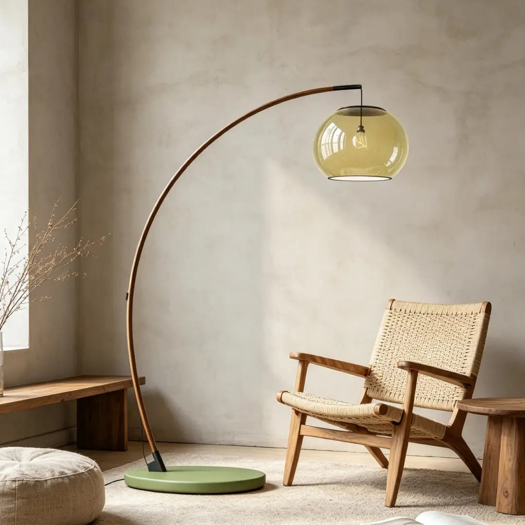 Contemporary Arc Floor Lamp with Glass Shade paired with woven wooden chair, curved arc structure for wabi sabi living room lighting