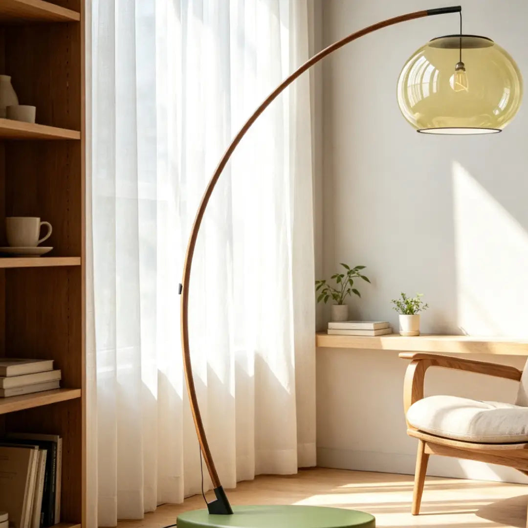 Contemporary Arc Floor Lamp with Glass Shade near sheer window curtains and wooden bookshelf as reading floor lamp
