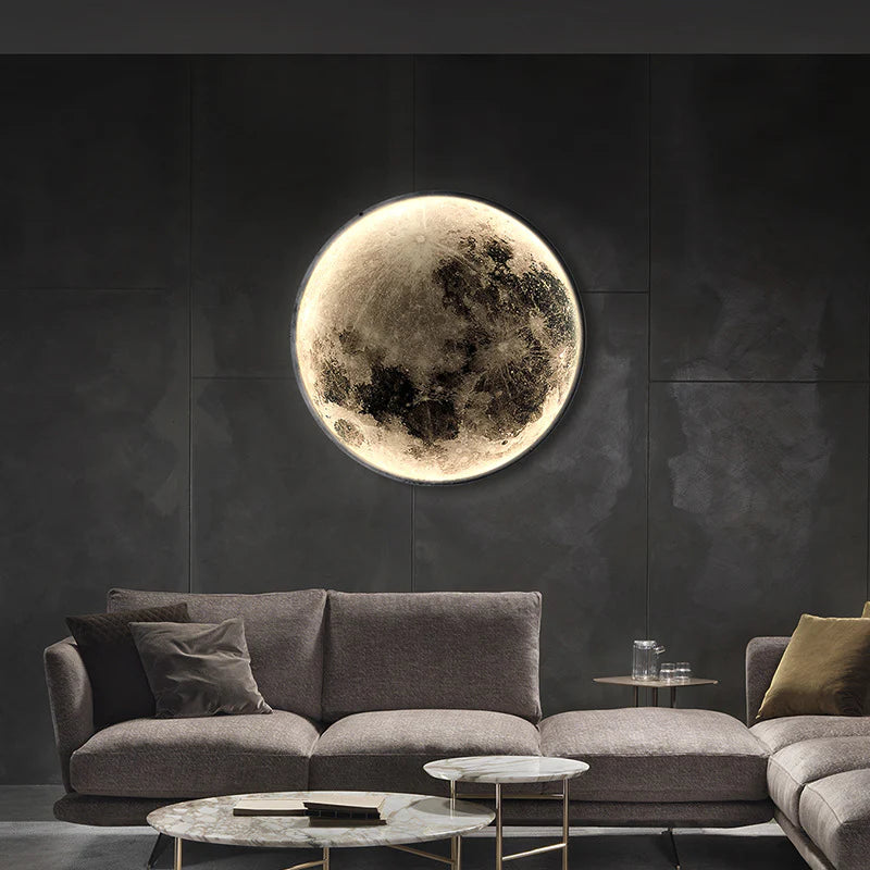 Delicate moon surface wall lamp decorates the living room at night