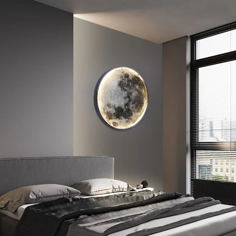 Black and white gray moon wall lamp by the bedroom window