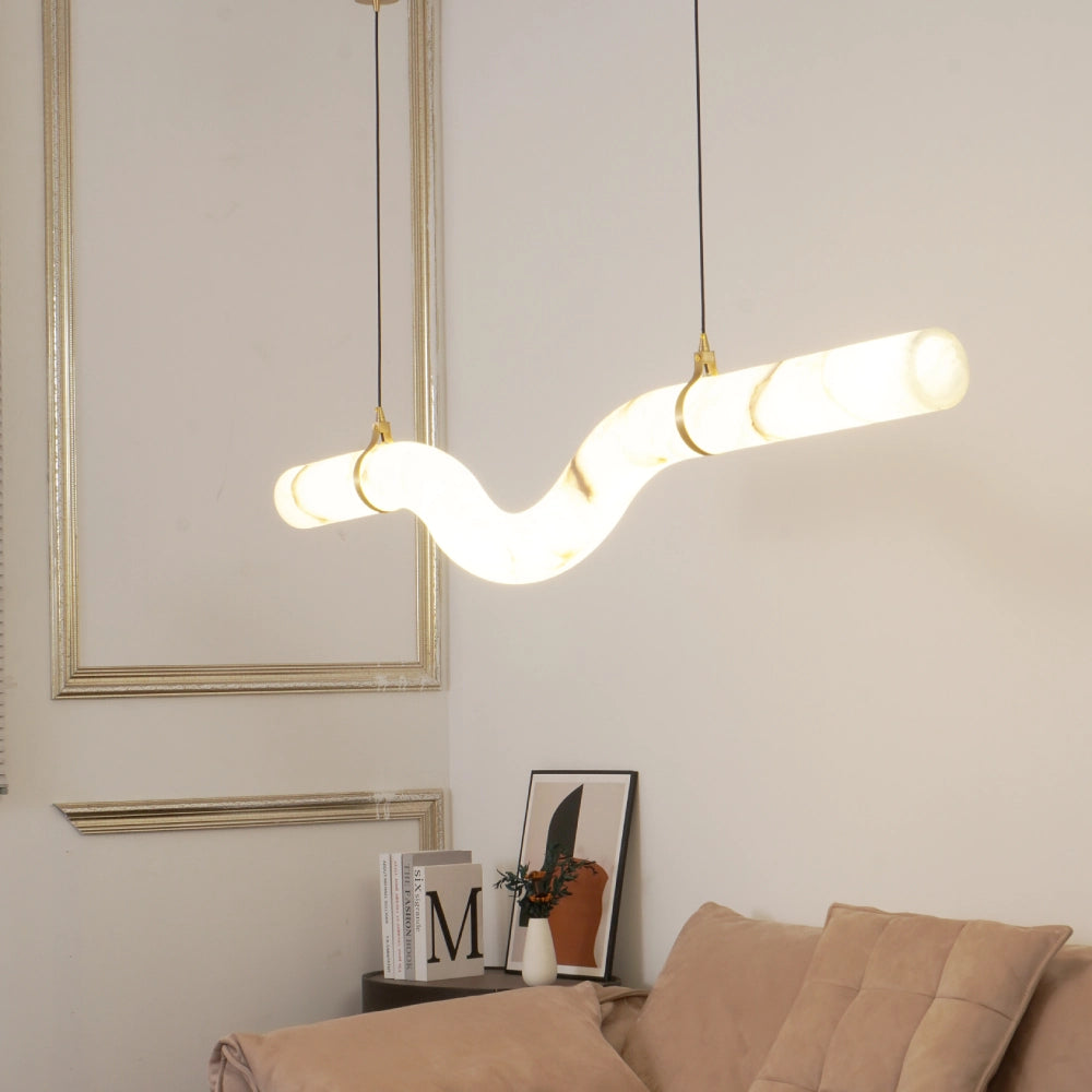Wave Curved Alabaster Linear Pendant Lamp, illuminated wavy onyx bar suspension lamp brass clamp hardware minimalist home accent ceiling light