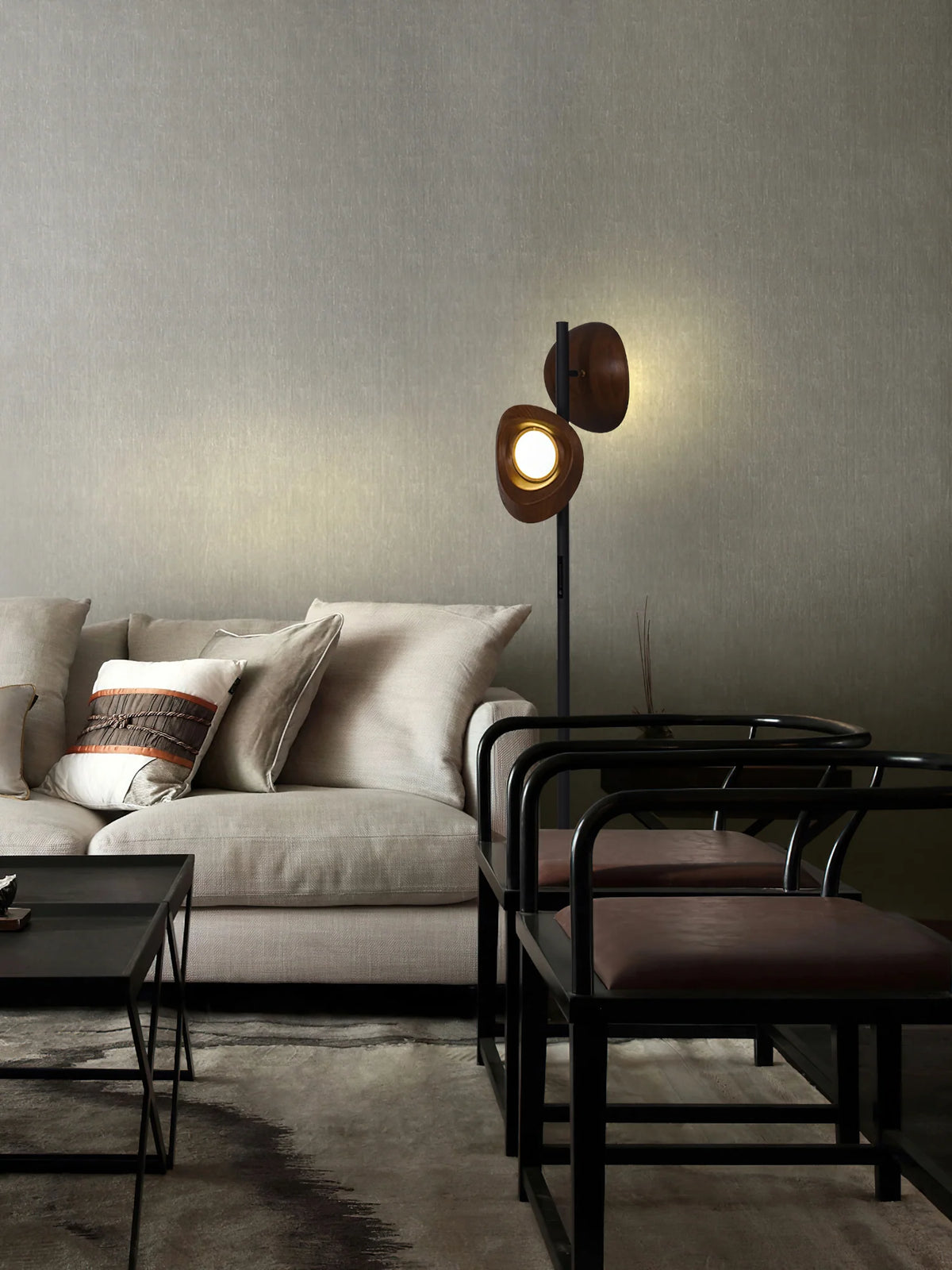 The retro floor lamp lights up the dark room