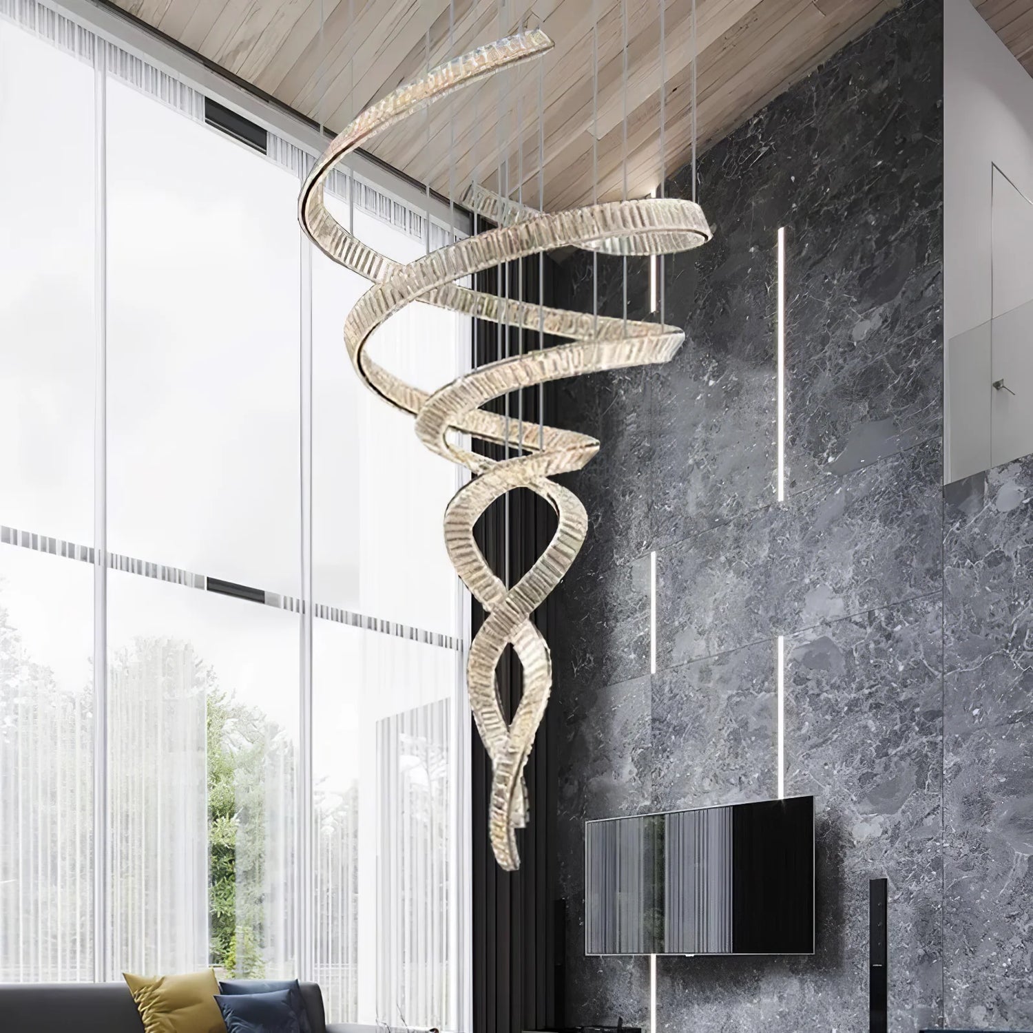 Double Spiral Crystal Chandelier, sculptural twisted ribbon crystal hanging fixture for high-ceiling villa living room modern luxury staircase focal decor