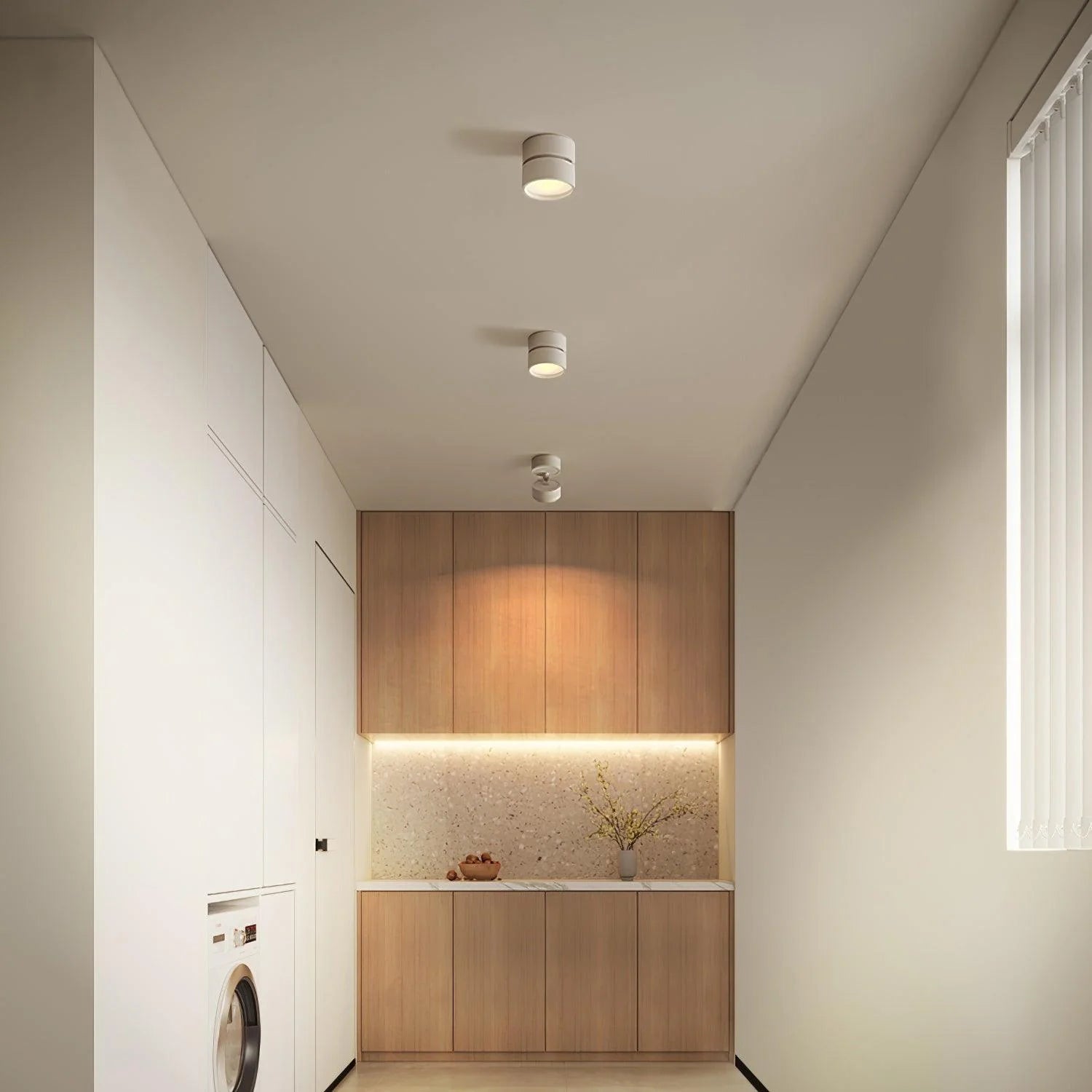 Favilla Surface Ceiling Lamp, fixed white cylindrical surface mount spotlights illuminate wooden laundry storage hallway