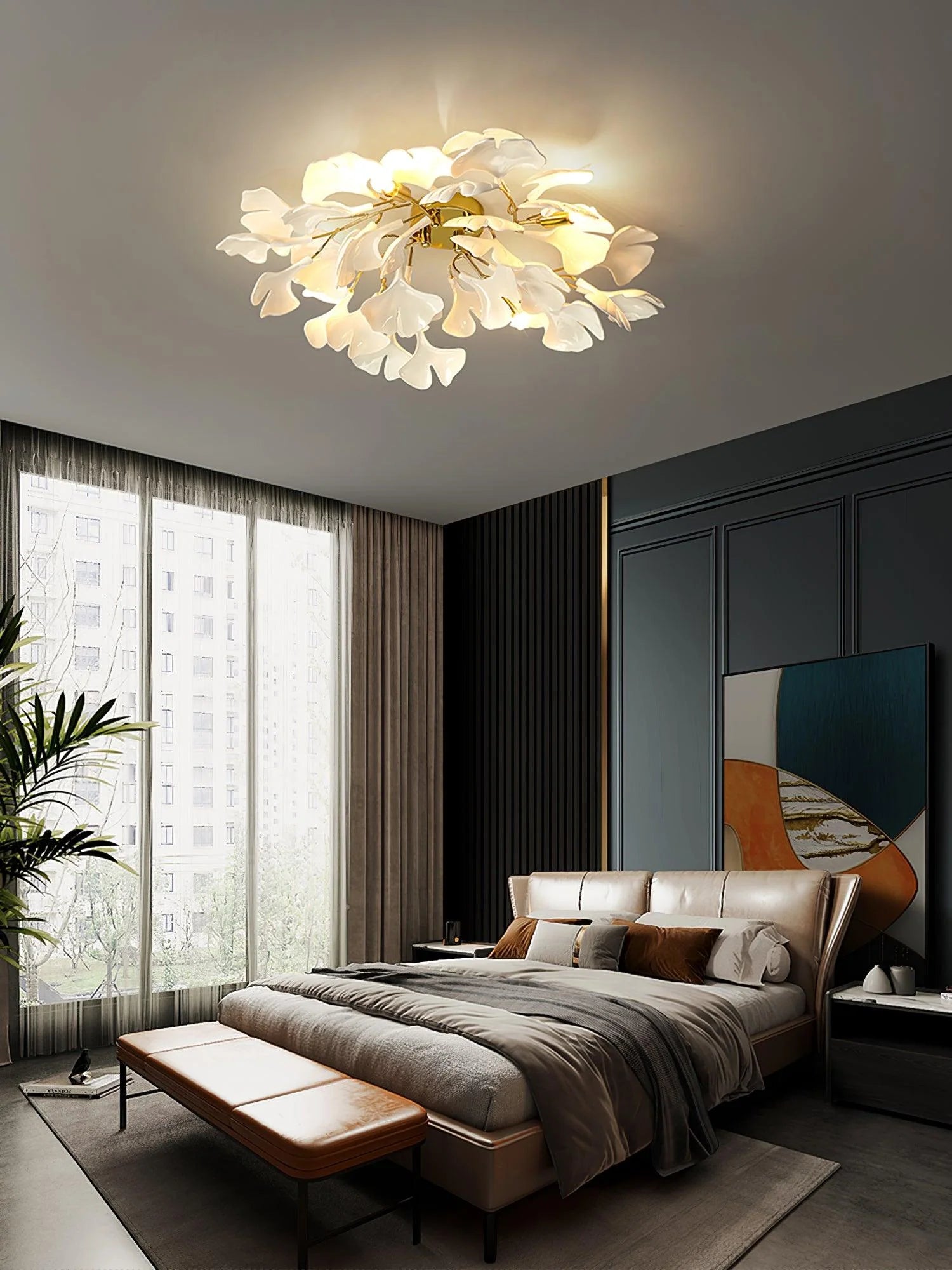 Gingko_Leaf_Ceiling_Lamp_with all white leaves in the bedroom