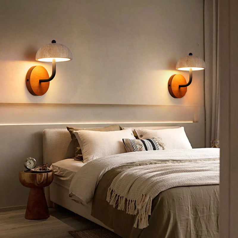 2 Travertine Hat Wall Lamps near the bed