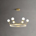 Luxury chandelier with a crown design, featuring white glass globes and a sleek metal frame.