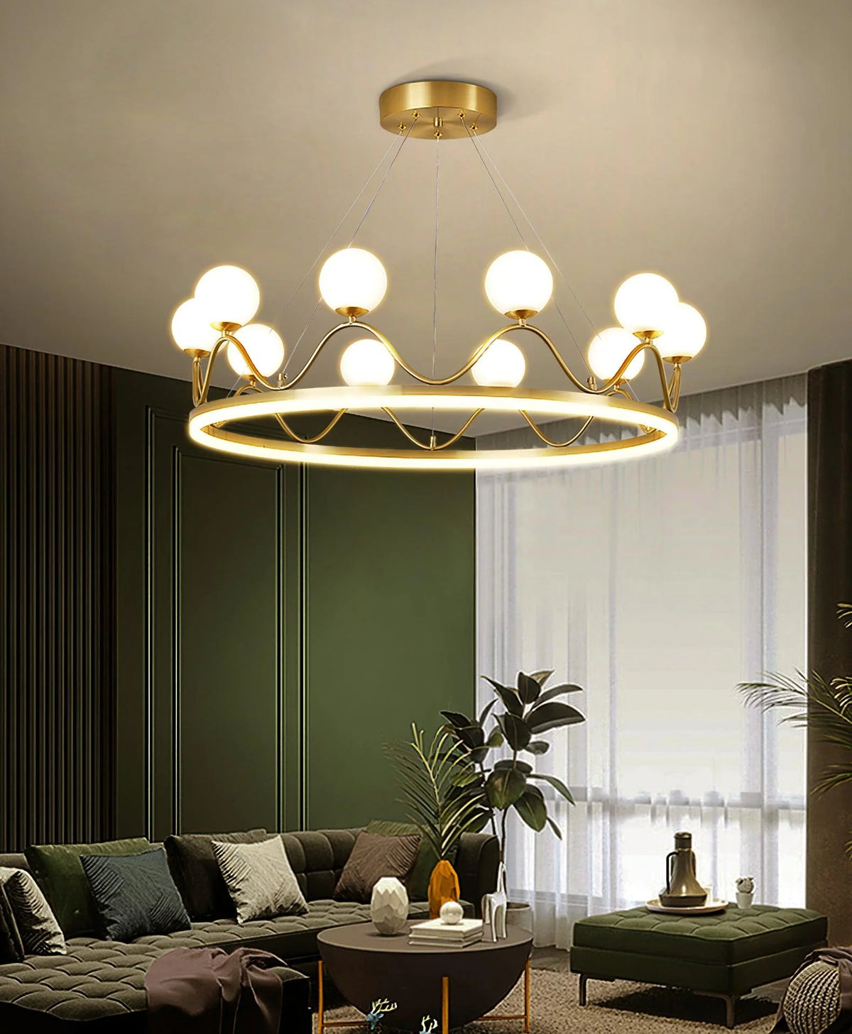 Luxury chandelier with a crown-like structure, combining metal and acrylic for a sleek look.