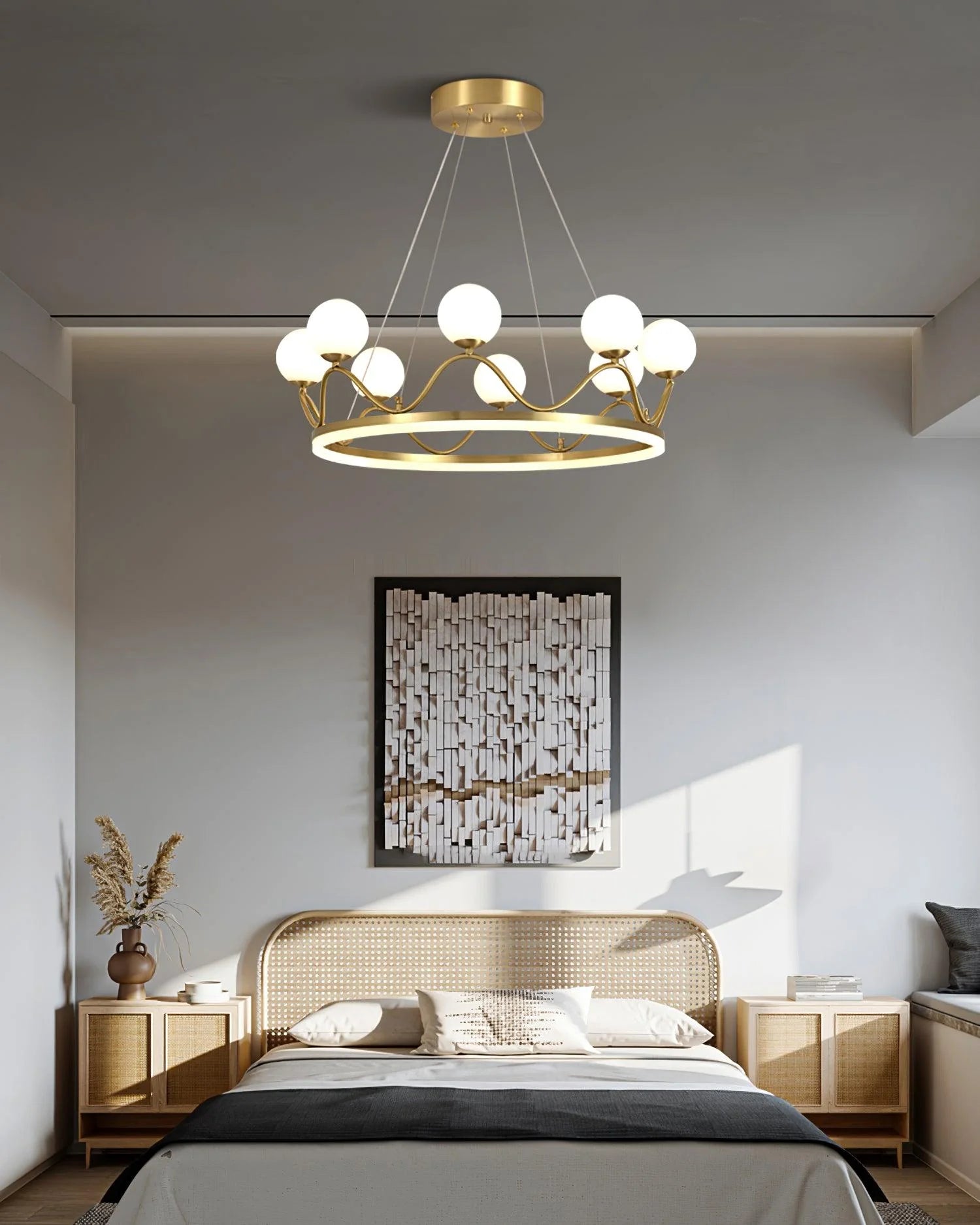 Chandelier with white glass globes and acrylic accents, adding a touch of elegance to a hallway