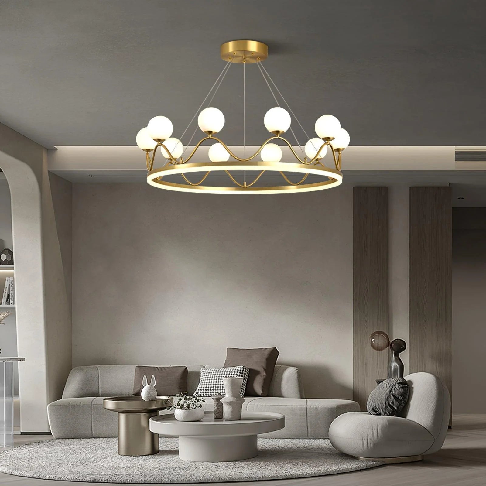 Crown chandelier with a minimalist metal frame and white glass shades in a contemporary setting.