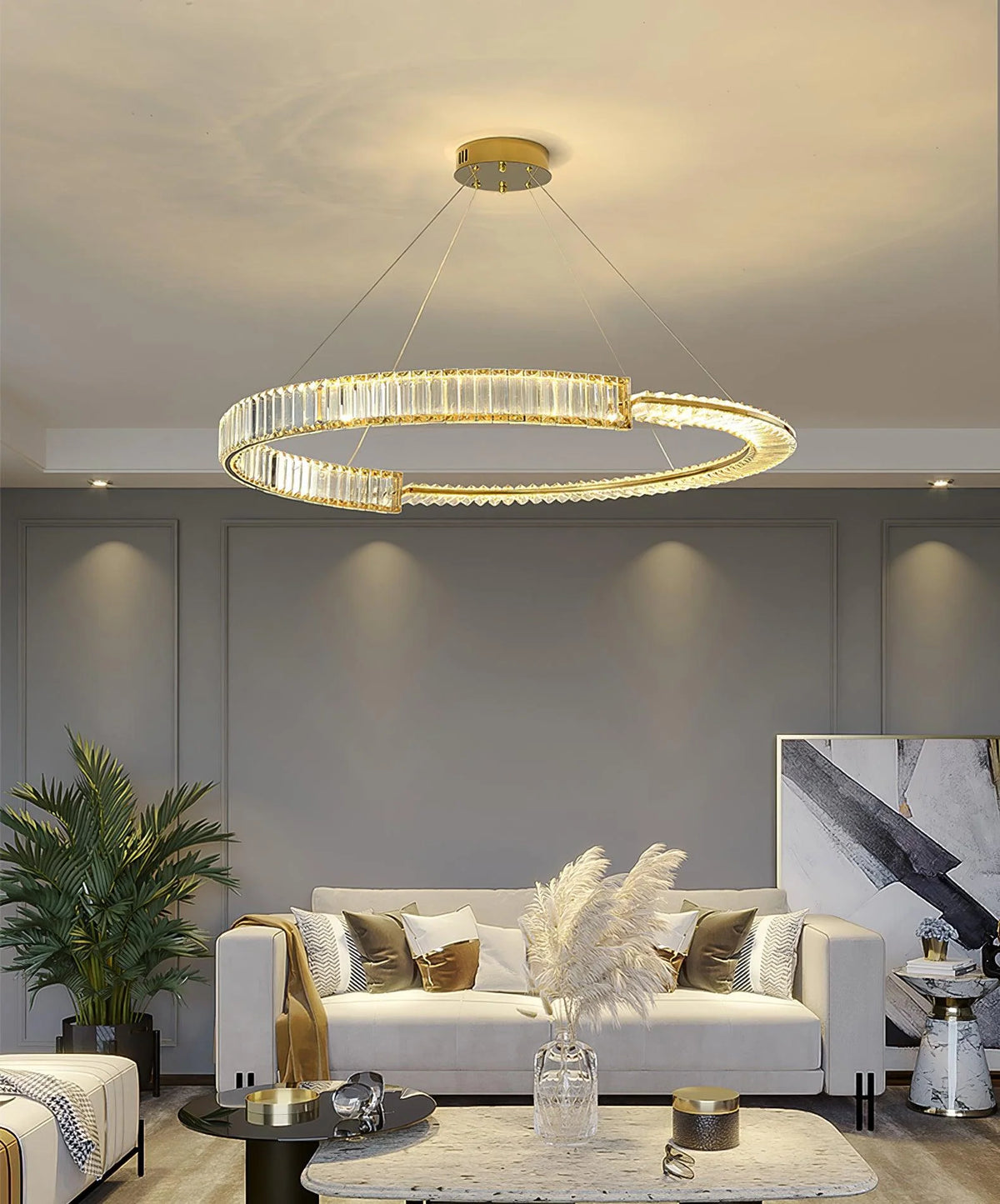 Luxury Crystal Toroidal Chandelier wirh gold-finished metal mounting hardware detail.