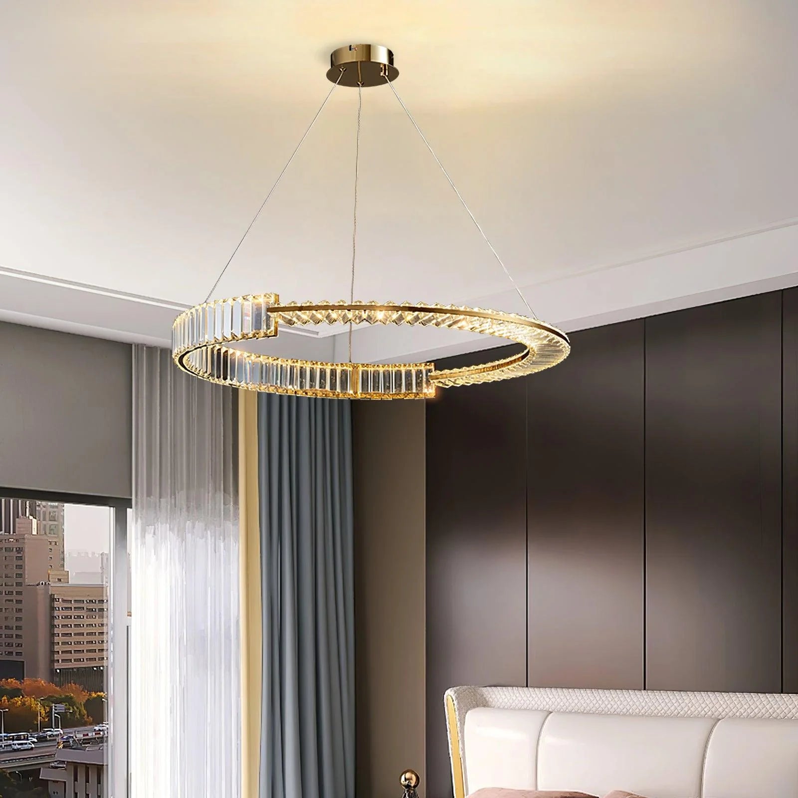 Modern luxury chandelier in a minimalist living space.