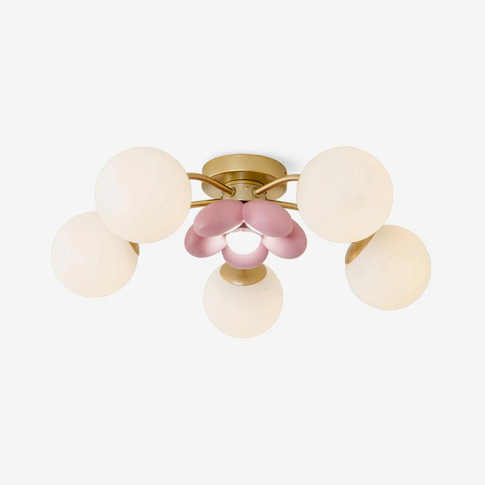 Pink flower 5-head ceiling light with gold multi-head frame and glass globes
