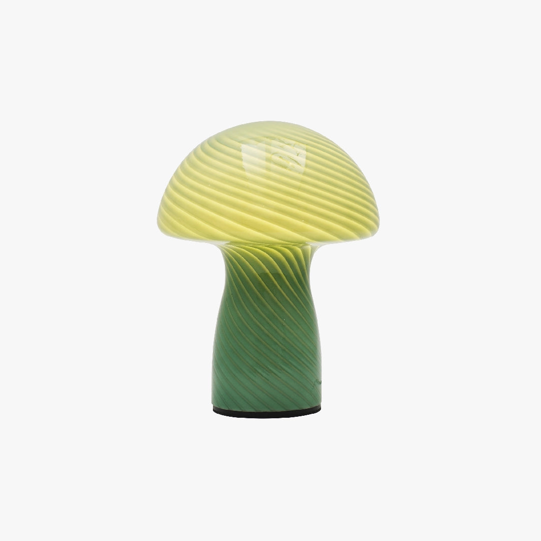 Mushroom-shaped lamp with ribbed design on a white background
