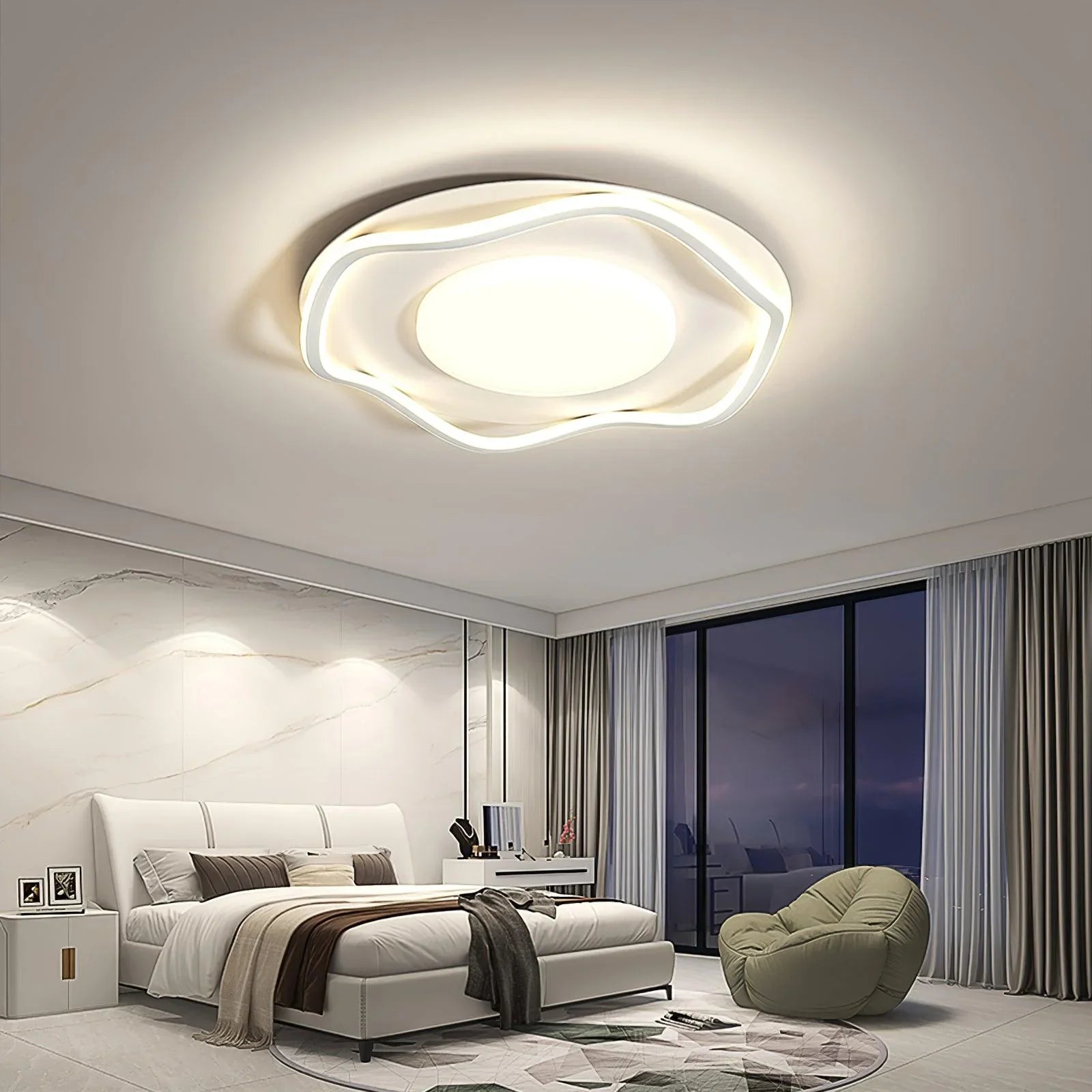 Stylish overhead lighting featuring sleek contours, enhancing the room’s contemporary look.