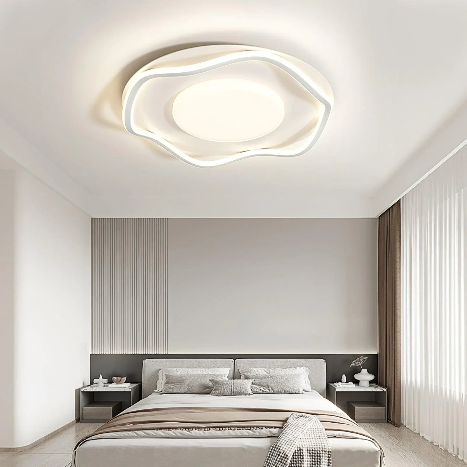 Bedroom shines with a uniquely designed ceiling light, blending art and illumination.