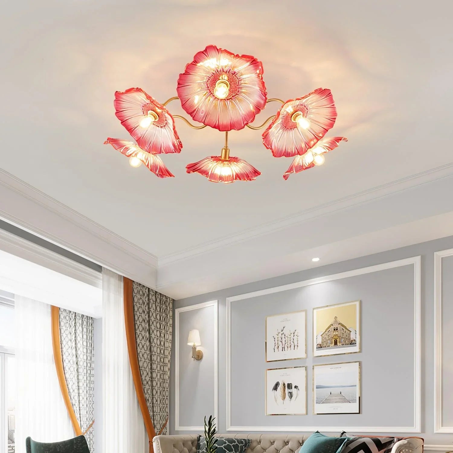 Retro style glass chandelier lighting effect - soft light through the petal shape to create a warm living room