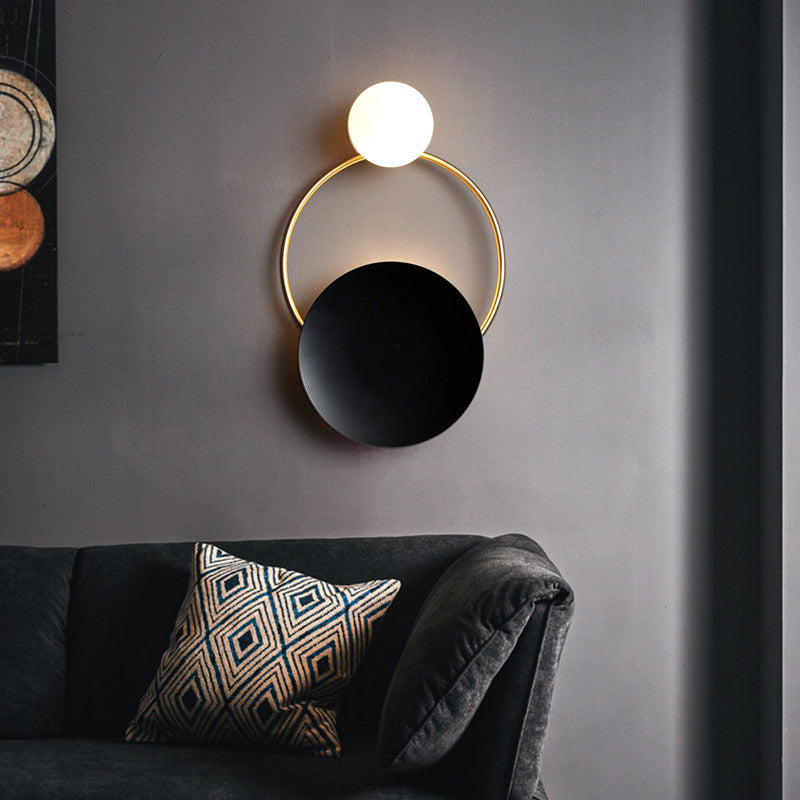 black plate and gold ring wall lamp with white glass lampshade