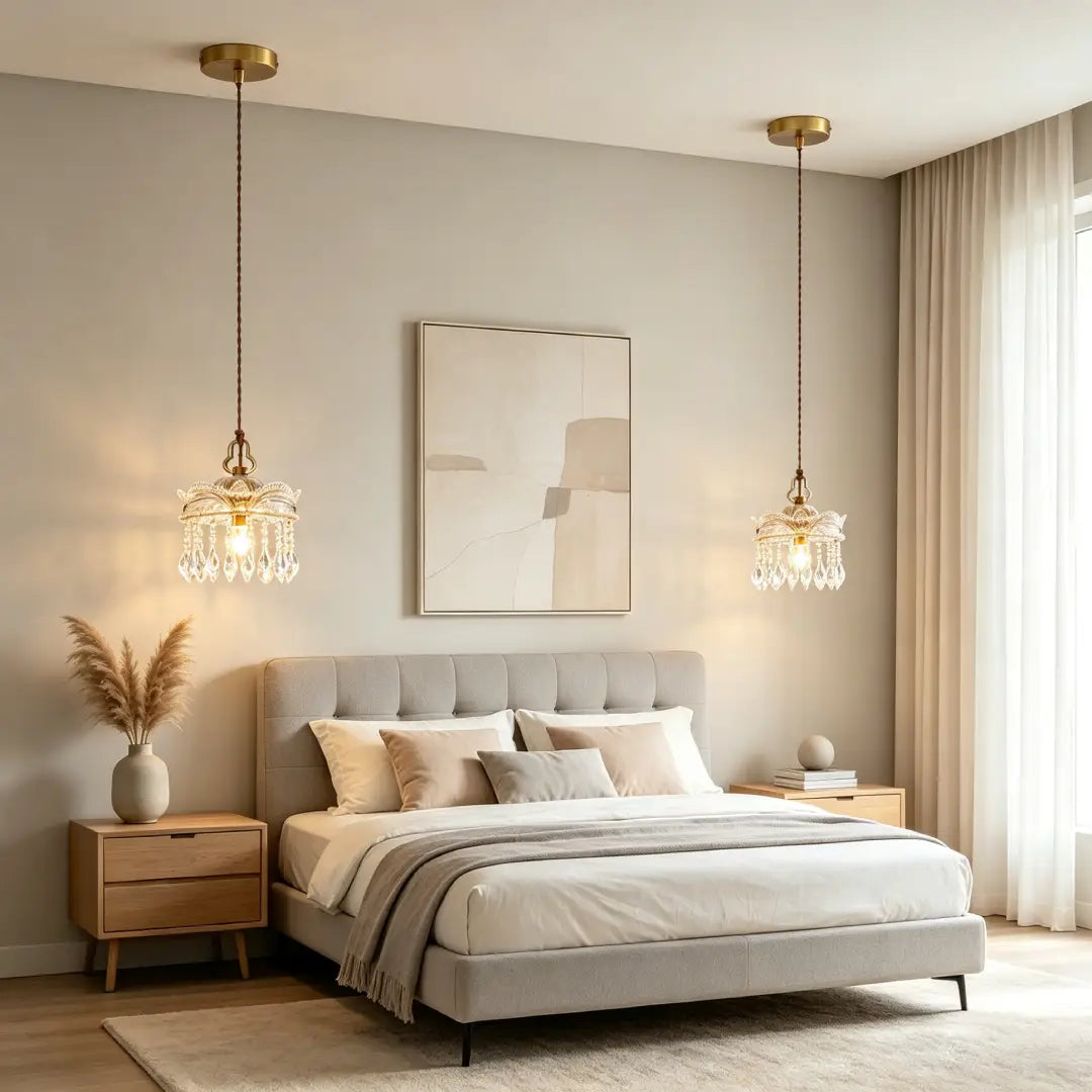 Pair of American Crystal Pendant Lamp delivers ambient bedside lighting for modern bedroom