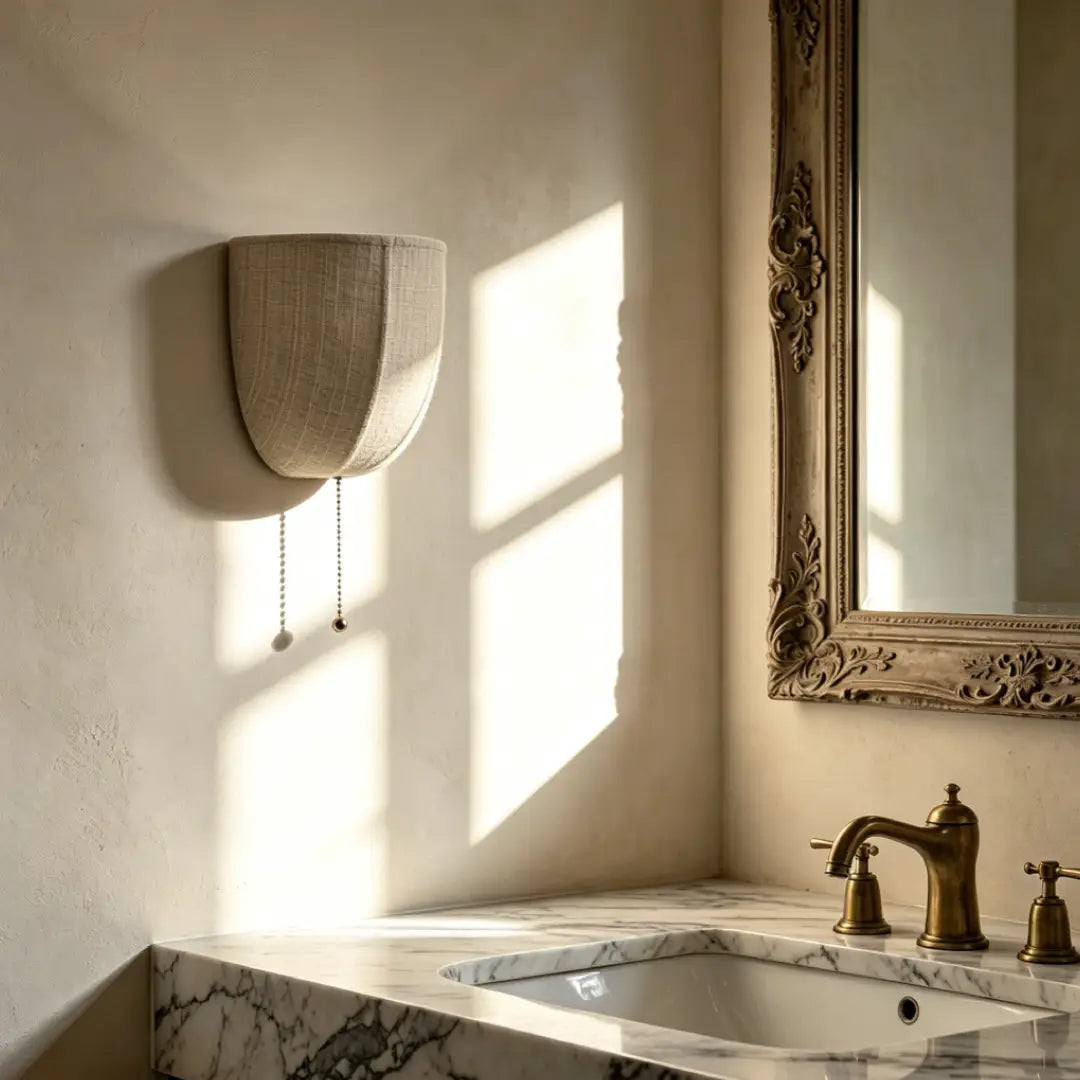 Pull‑chain design of Sienna Linen Wall Sconce brings soft warm lighting for vintage bathroom space