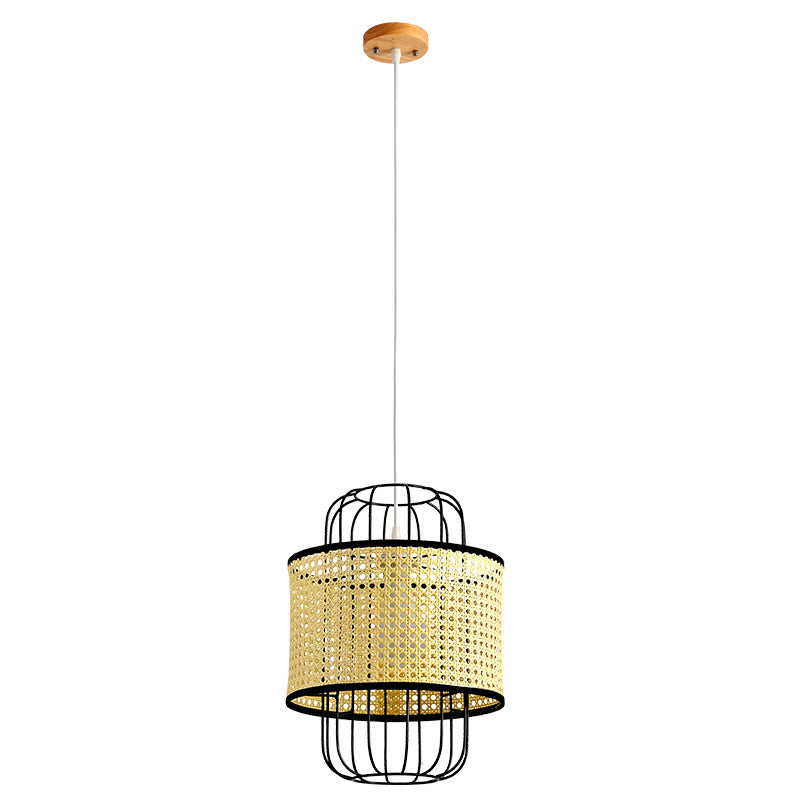 Rattan Aru Pendant Lamp’s soft glow enhancing a reading nook with layered textures.