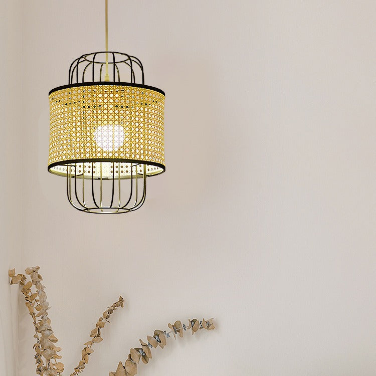 Eco-friendly rattan shade pendant lamp paired with minimalist decor in a Scandinavian bedroom.