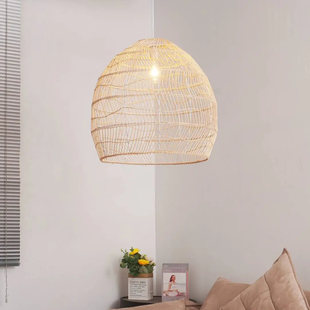 warm living room space gets natural pastoral charm with rattan woven pendant light hanging