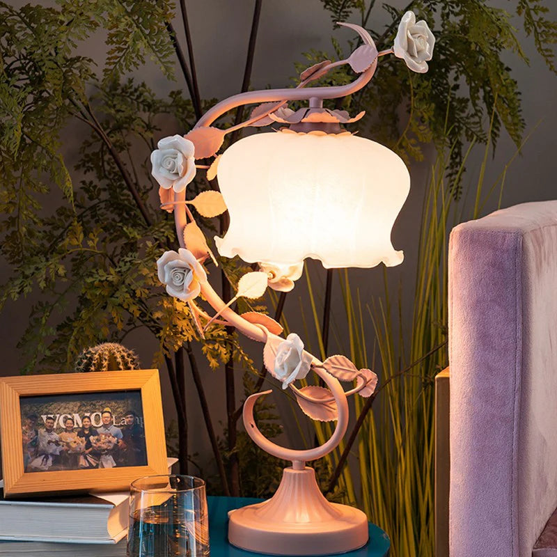Rose Flower Table Lamp in sage green finish with floral vine stem and frosted glass petal shade