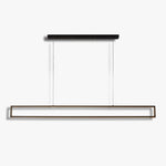 Sleek rectangular pendant light: Dark iron ceiling bar connected by thin wires to a metallic rectangular frame fixture—minimalist modern design, perfect for contemporary decor.