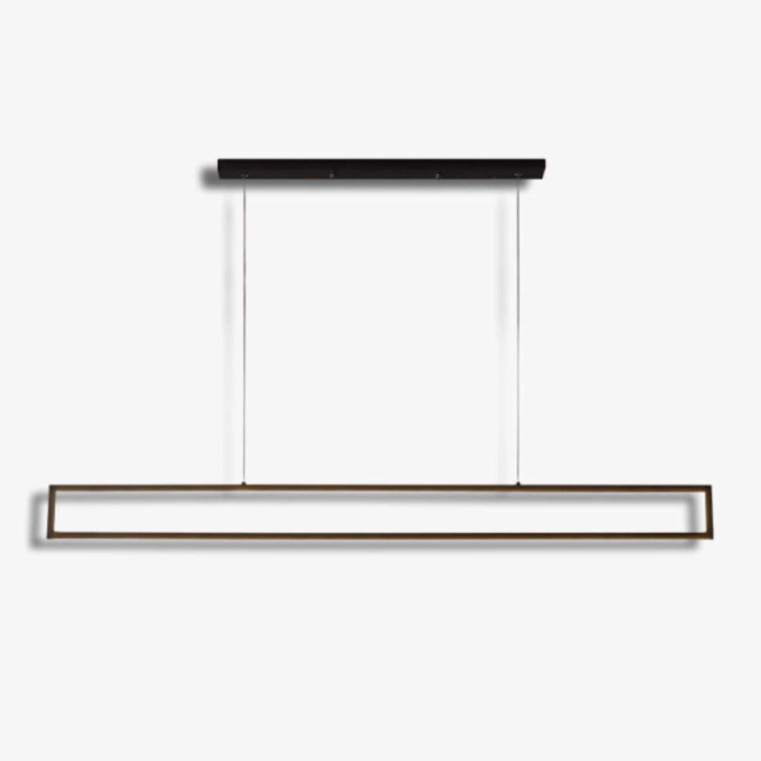 Sleek rectangular pendant light: Dark iron ceiling bar connected by thin wires to a metallic rectangular frame fixture—minimalist modern design, perfect for contemporary decor.