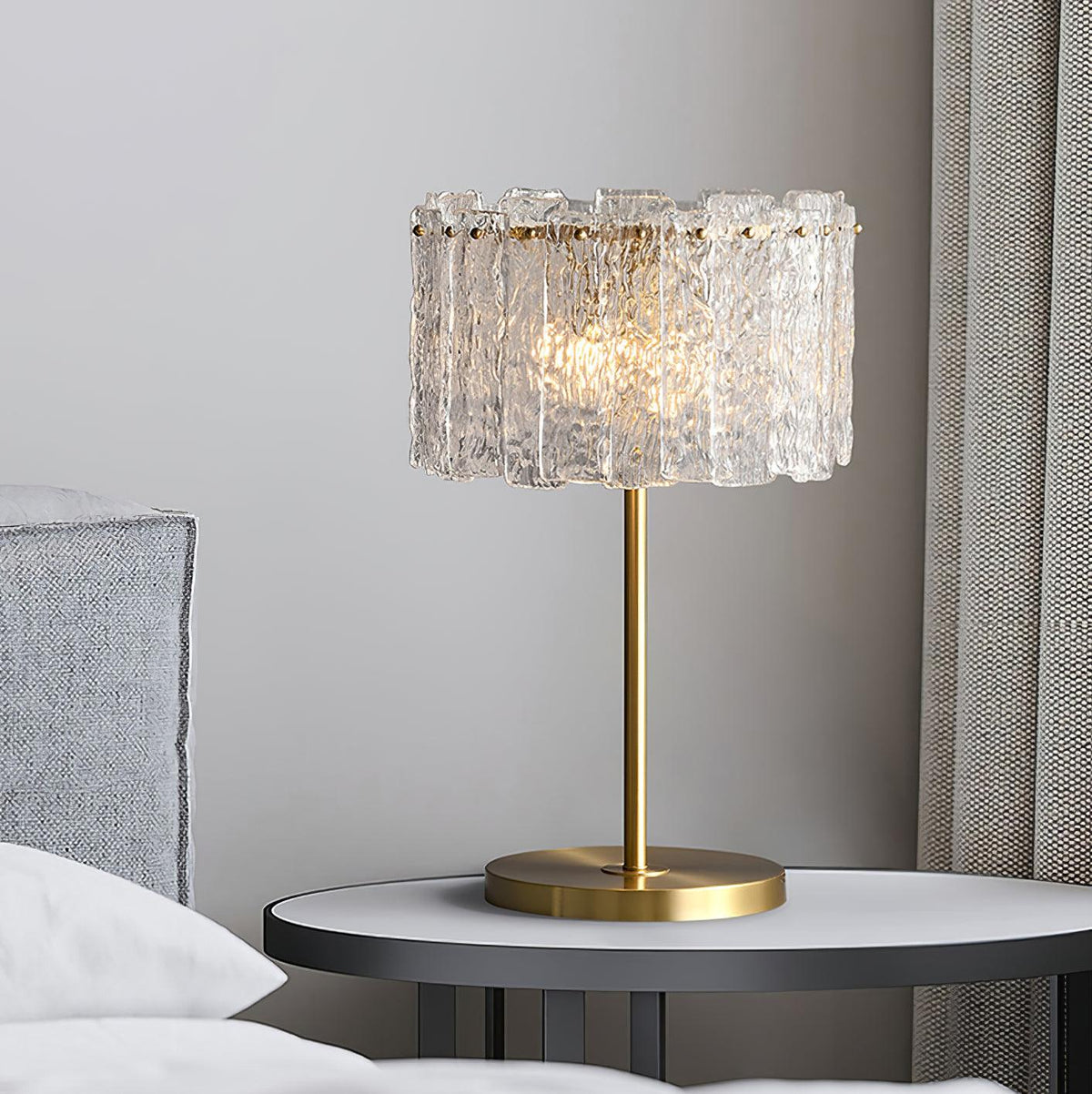 Dimmable crystal table lamp casting a warm light