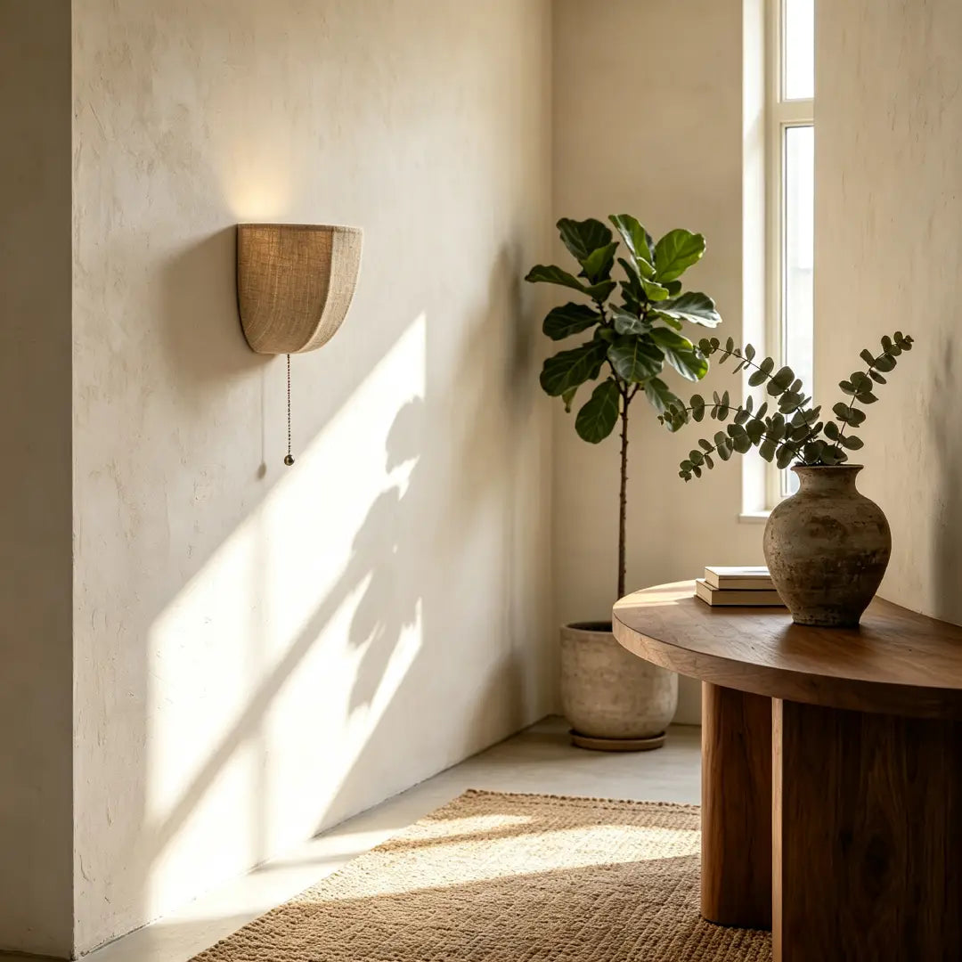 Textured natural linen shade on this Sienna Linen Wall Sconce complements wabi‑sabi entryway decor