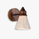 Travertine Wabi-sabi Wall Lamp: Rustic wood-base fixture with travertine-textured shade, emits soft warm glow