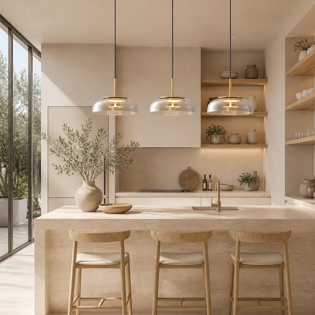 Trio of saucer clear glass and brass pendant lights over honed travertine kitchen island in bright open-plan kitchen