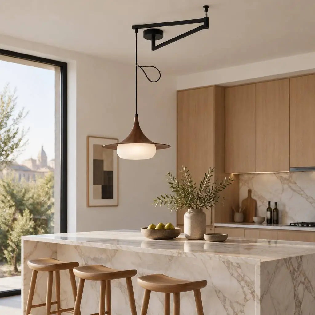 Verona Adjustable Swing Arm Pendant Light Positioned Over Cozy Armchair and Side Table in Parisian Style Living Room