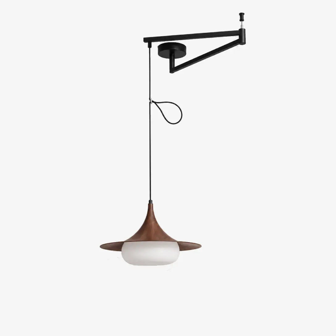 Verona Adjustable Swing Arm Pendant Lamp with Walnut Wood Shade and Opal Glass Diffuser on White Background