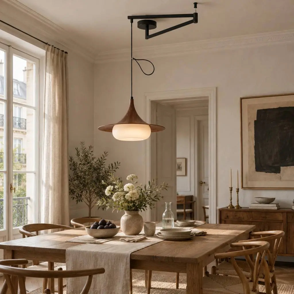 Verona Articulated Swing Arm Pendant Lamp Providing Focused Task Lighting Over Solid Walnut Desk in Classic Home Office