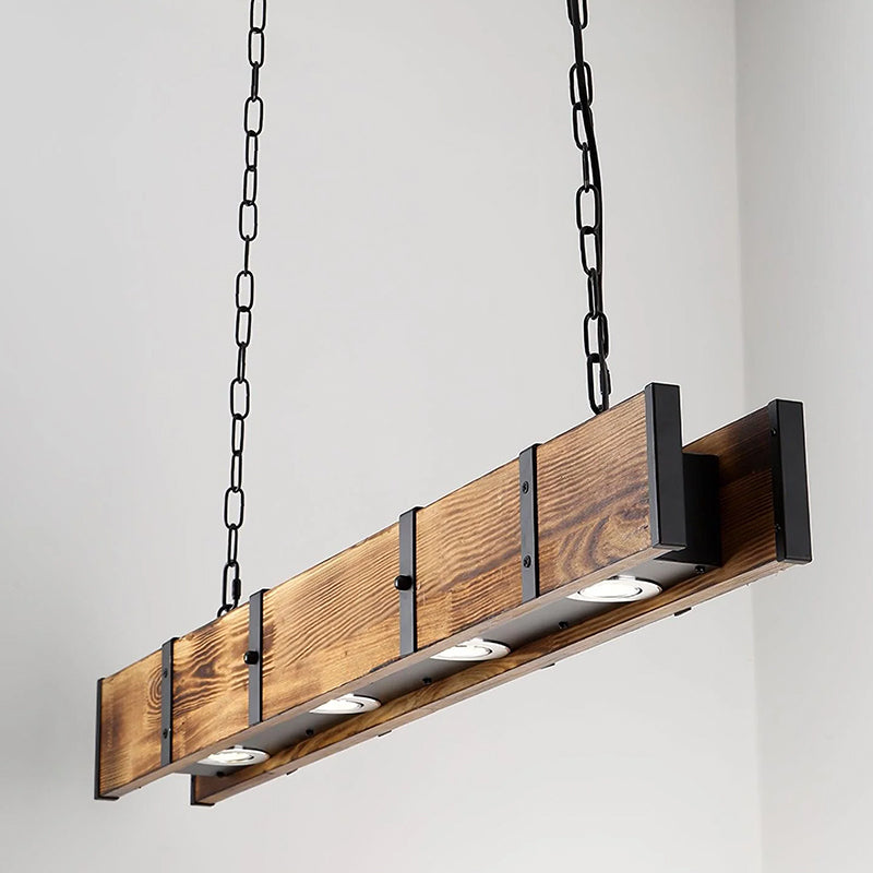 Long strip vintage wood pendant light side view