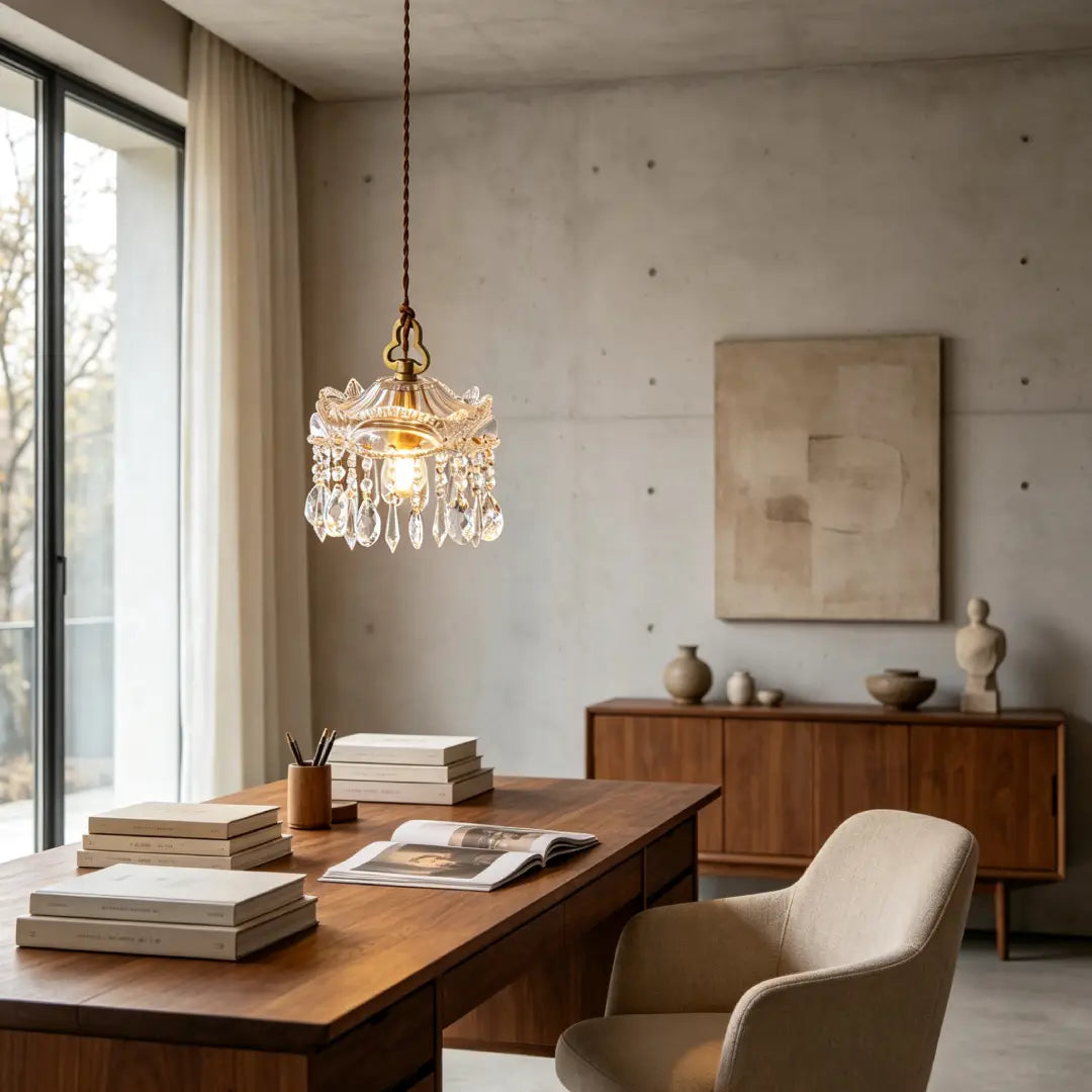 Warm‑toned study room gets elegant overhead lighting from American Crystal Pendant Lamp