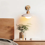 Zanara Travertine Wall Lamp illuminating a bedside table with a plant, showcasing a blend of wood and travertine material.